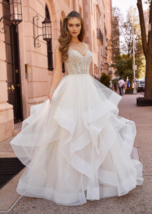 Beaded Triple Straps Ivory Tulle Ruffled Stunning Wedding Dress